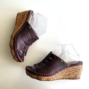 El Naturalista Iggdrasil Cork Wedge Burgundy Leather Slip On‎ Sandal EU 38 US 7